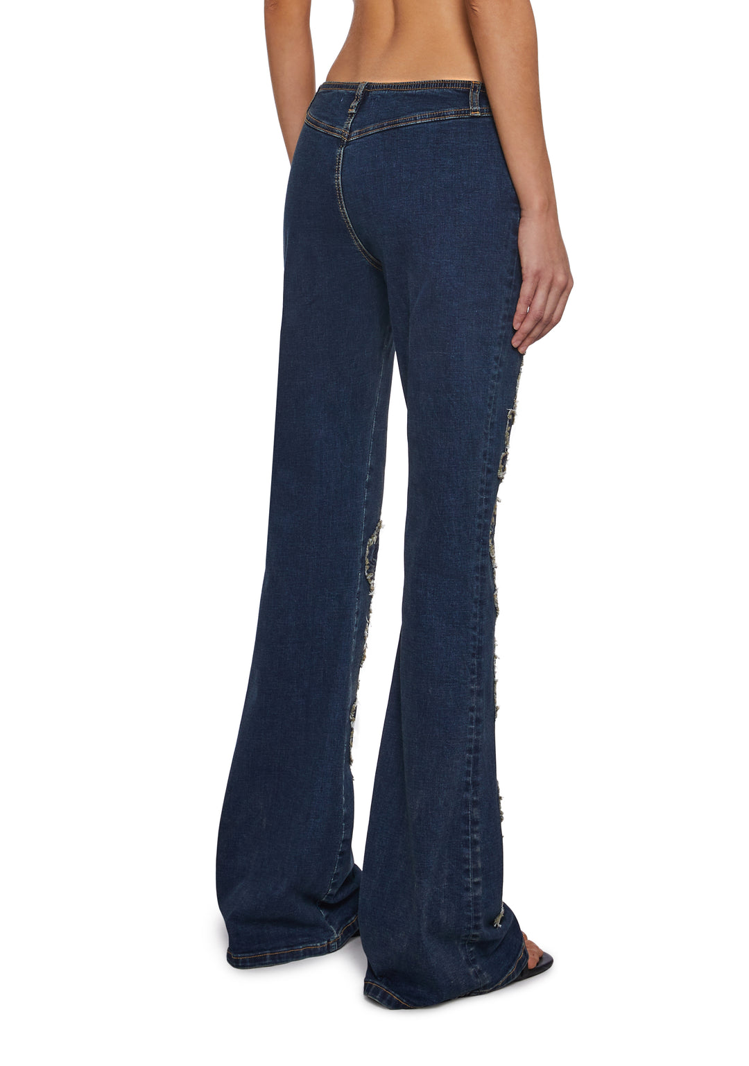 Womens Rose Embroidered Rose Applique Flared Jeans Pants Delias- Blue - Image 4