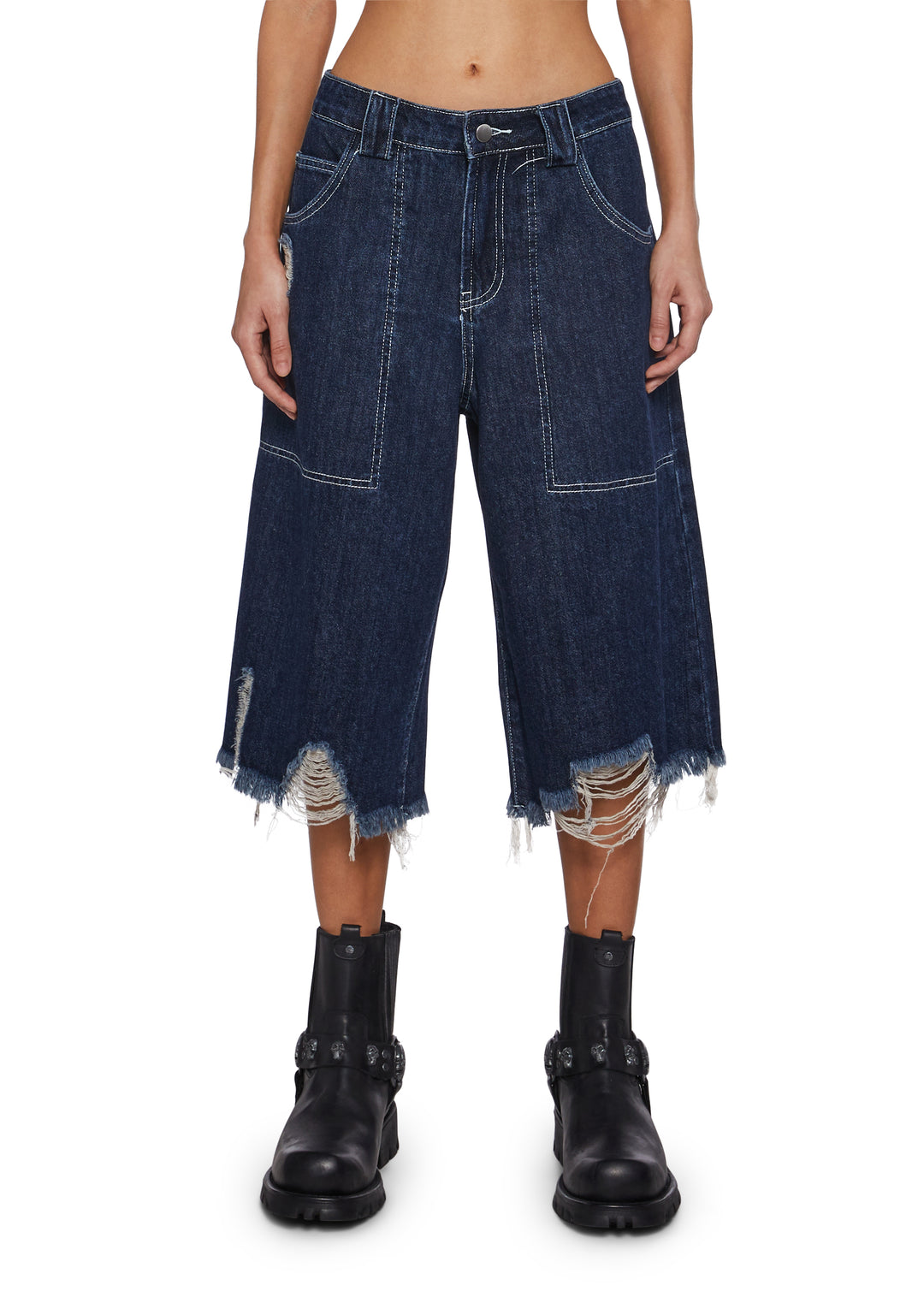 Womens Wide Leg Shorts With Distressed Hem And Graphics Current Mood - Black - Image 5