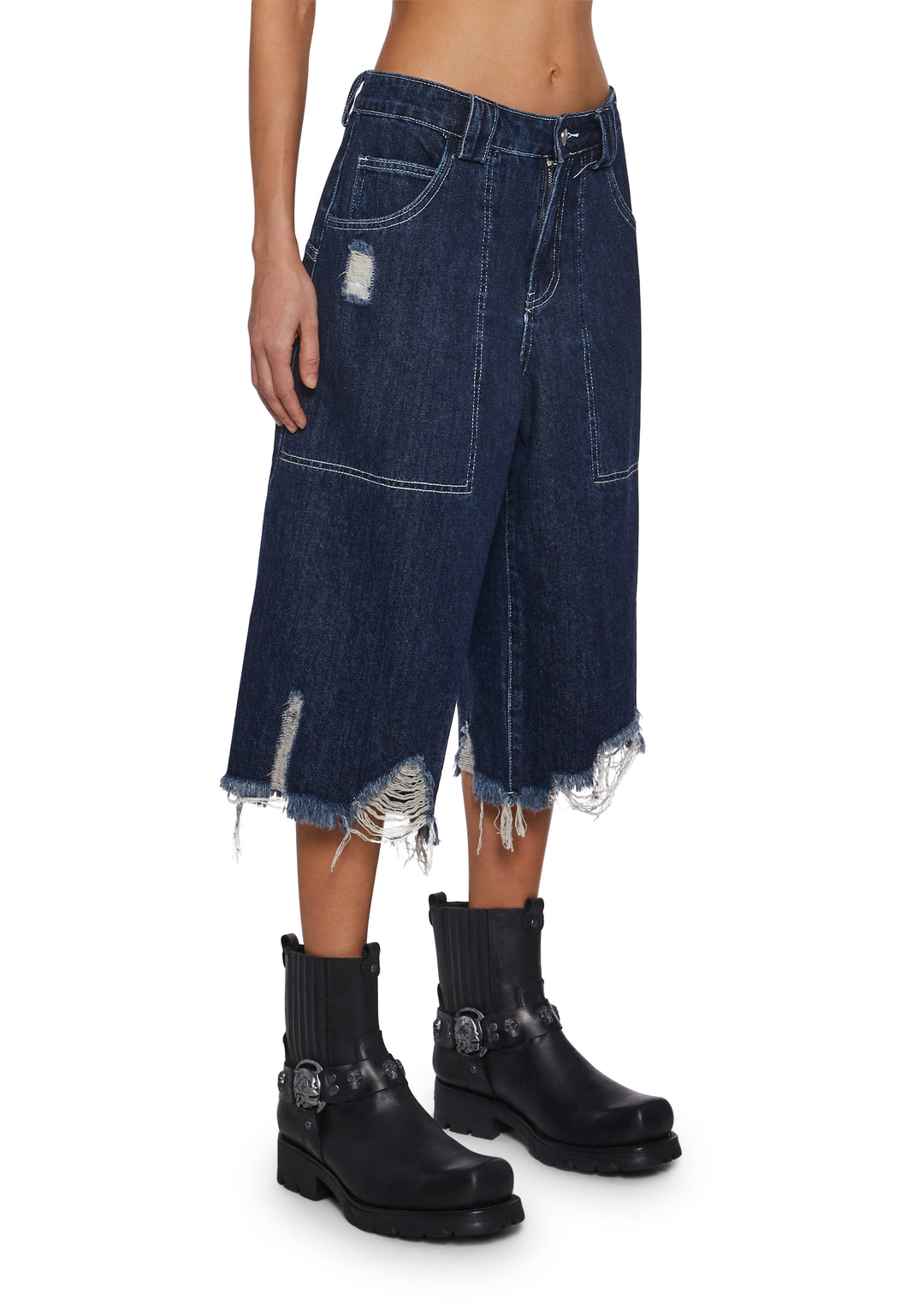 Womens Wide Leg Shorts With Distressed Hem And Graphics Current Mood - Black - Image 3