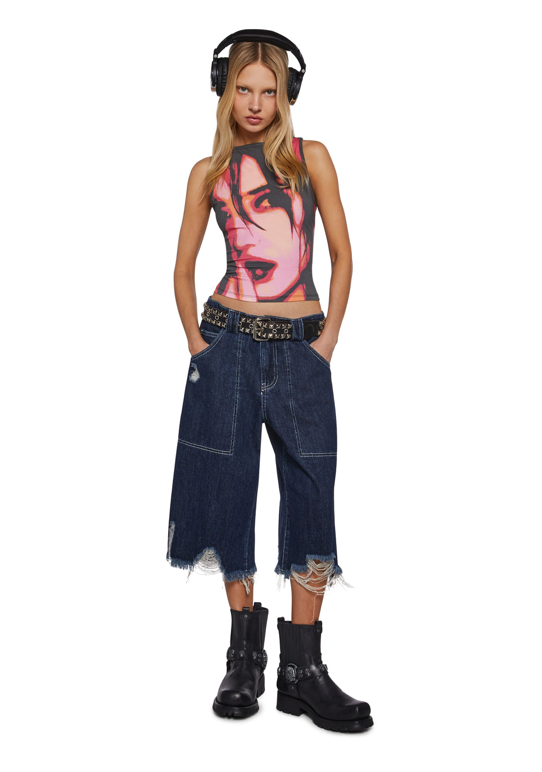 Womens Wide Leg Shorts With Distressed Hem And Graphics Current Mood - Black - Image 2