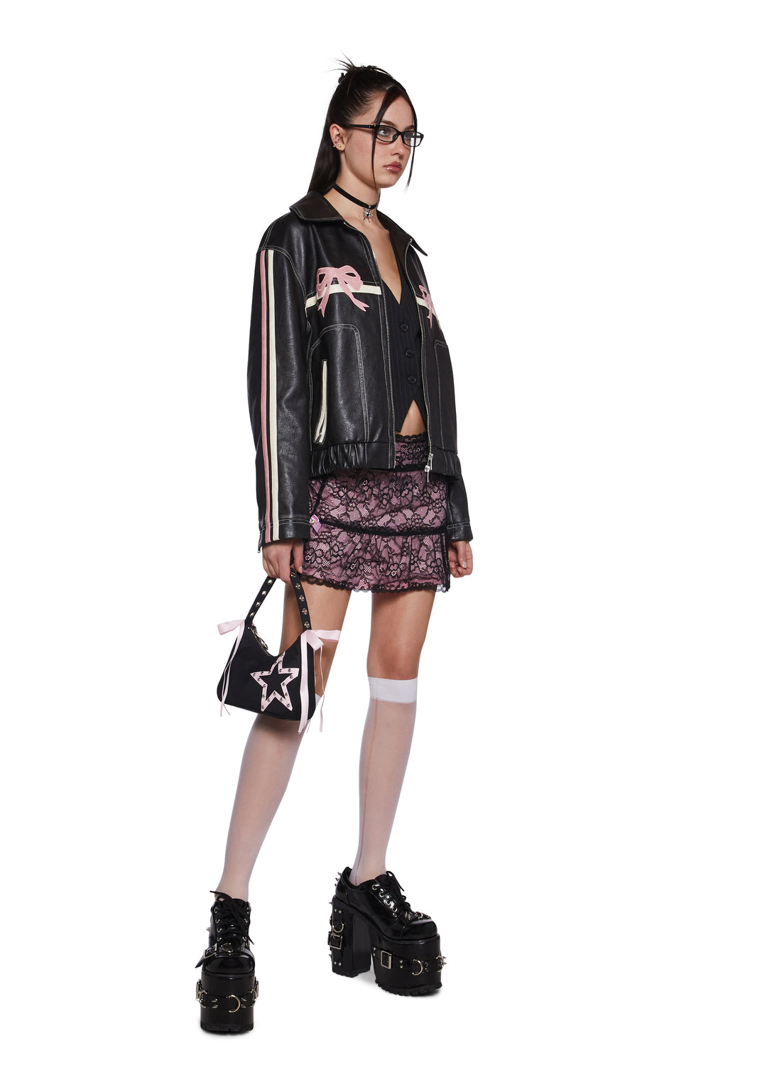 Womens Sexy Vegan Leather Jacket With Bow Graphics - Black/Pink - Image 2