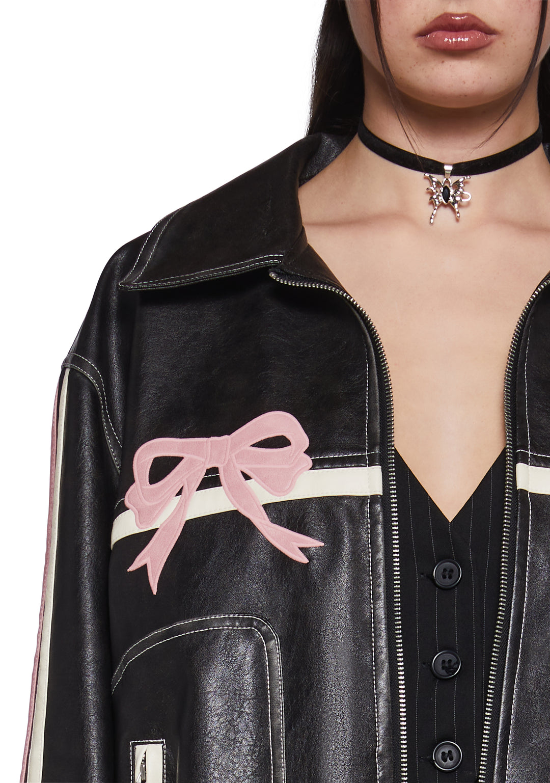Womens Sexy Vegan Leather Jacket With Bow Graphics - Black/Pink - Image 5
