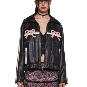Womens Sexy Vegan Leather Jacket With Bow Graphics - Black/Pink