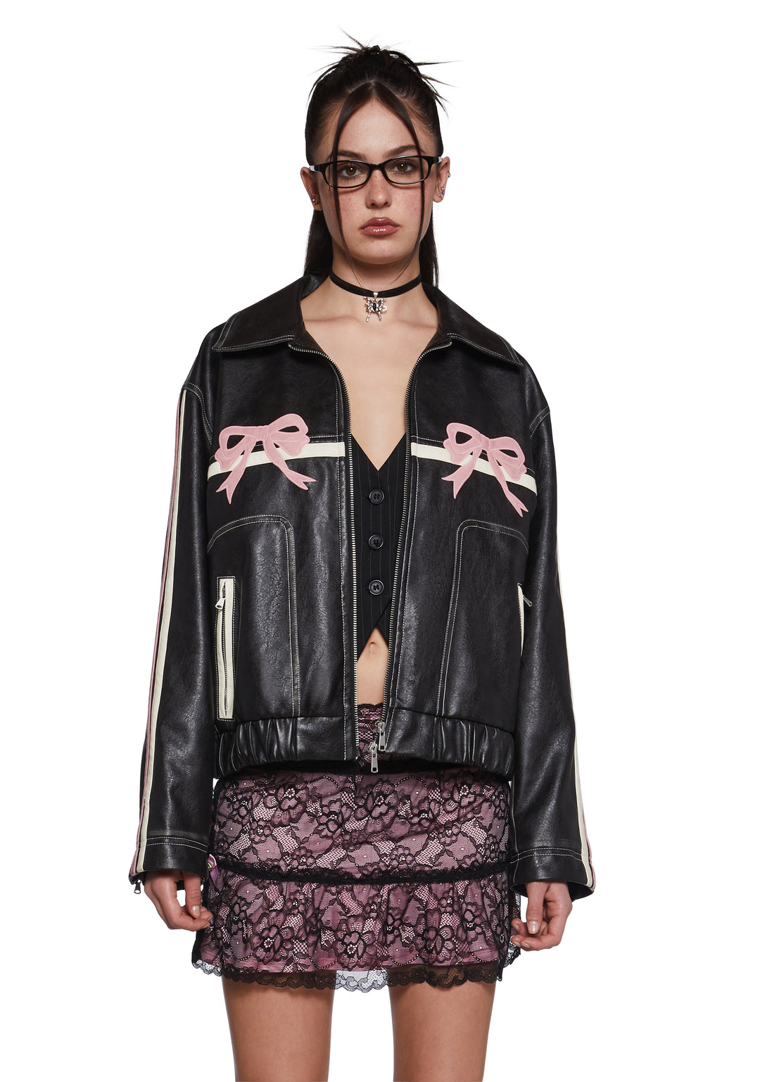 Womens Sexy Vegan Leather Jacket With Bow Graphics - Black/Pink