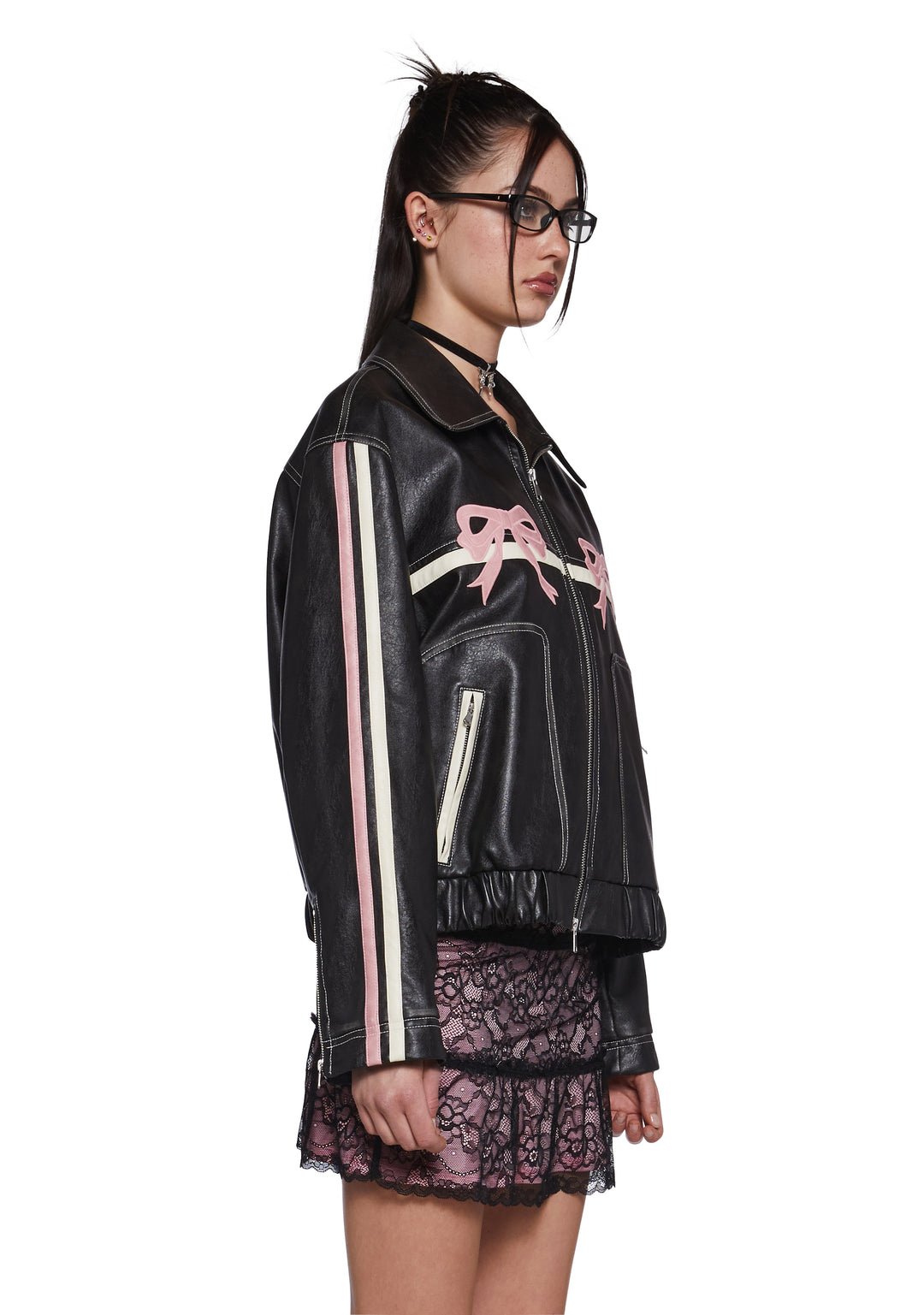 Womens Sexy Vegan Leather Jacket With Bow Graphics - Black/Pink - Image 3