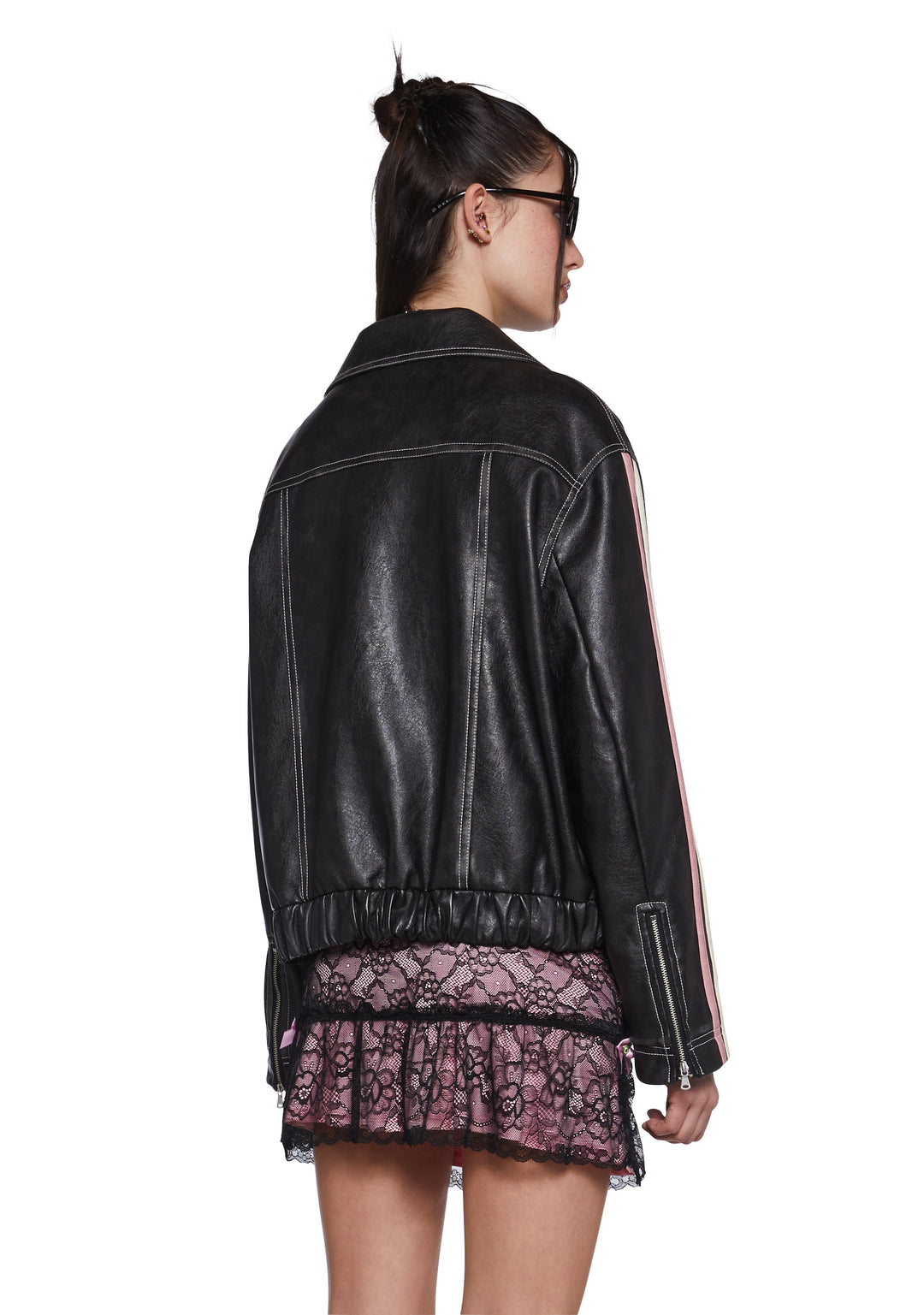 Womens Sexy Vegan Leather Jacket With Bow Graphics - Black/Pink - Image 4