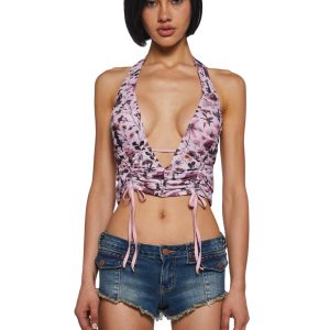 Stretchy Mesh Ruched Floral Halter Top Current Mood - Multi