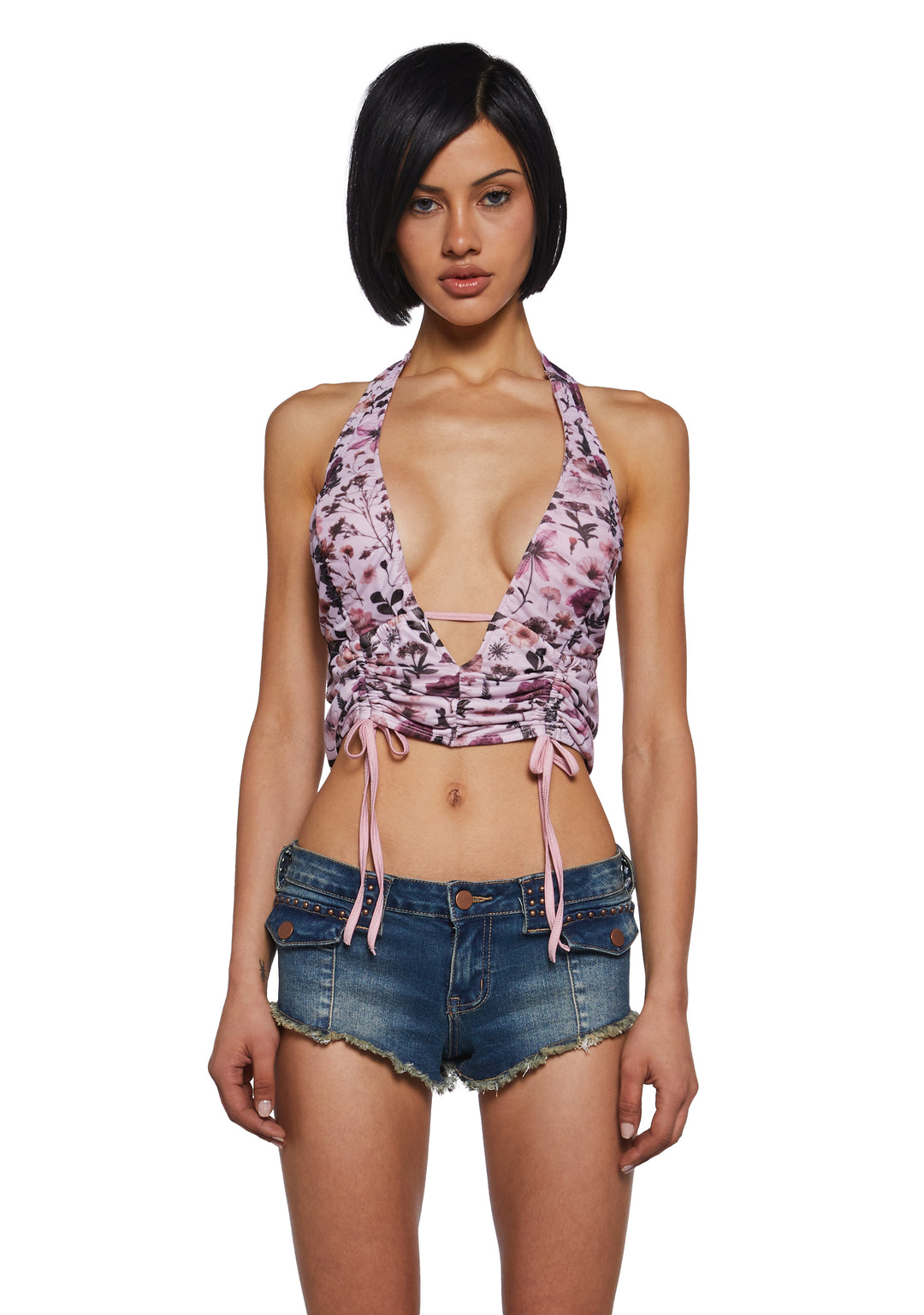 Stretchy Mesh Ruched Floral Halter Top Current Mood - Multi
