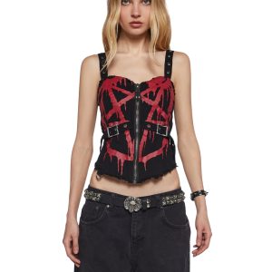 Womens Pentagram Corset Top With Lace Ups Widow - Black