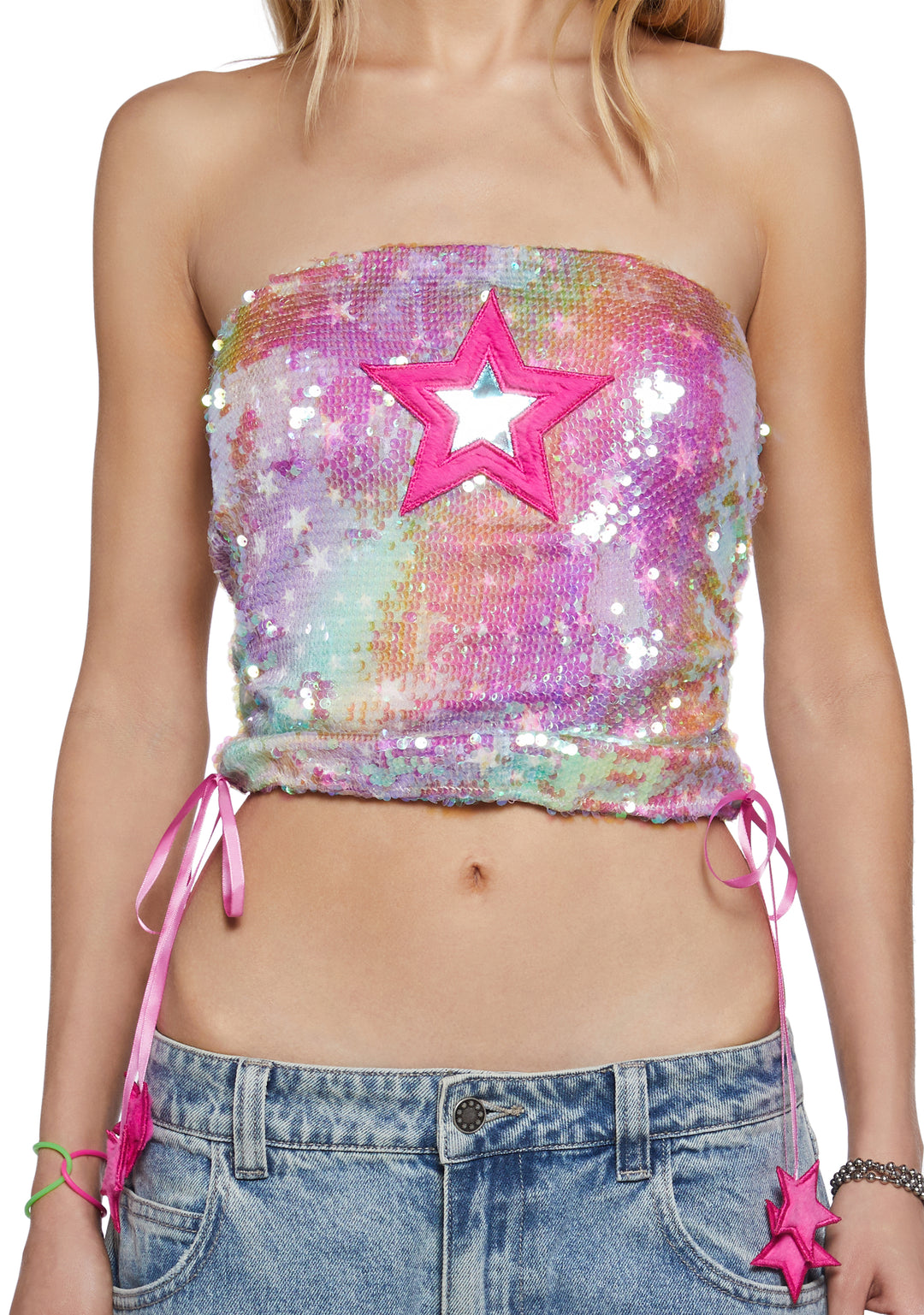 Womens Clowncore Rave Sequined Tube Top With Star Cut Outs Club Exx - Multi - Image 5