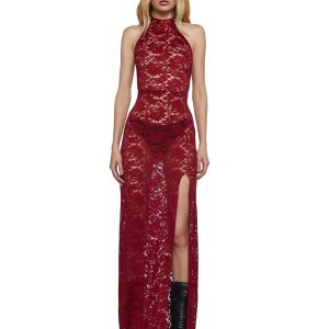 Womens Sheer Lace Maxi Dress With Spiked Details Widow - Red