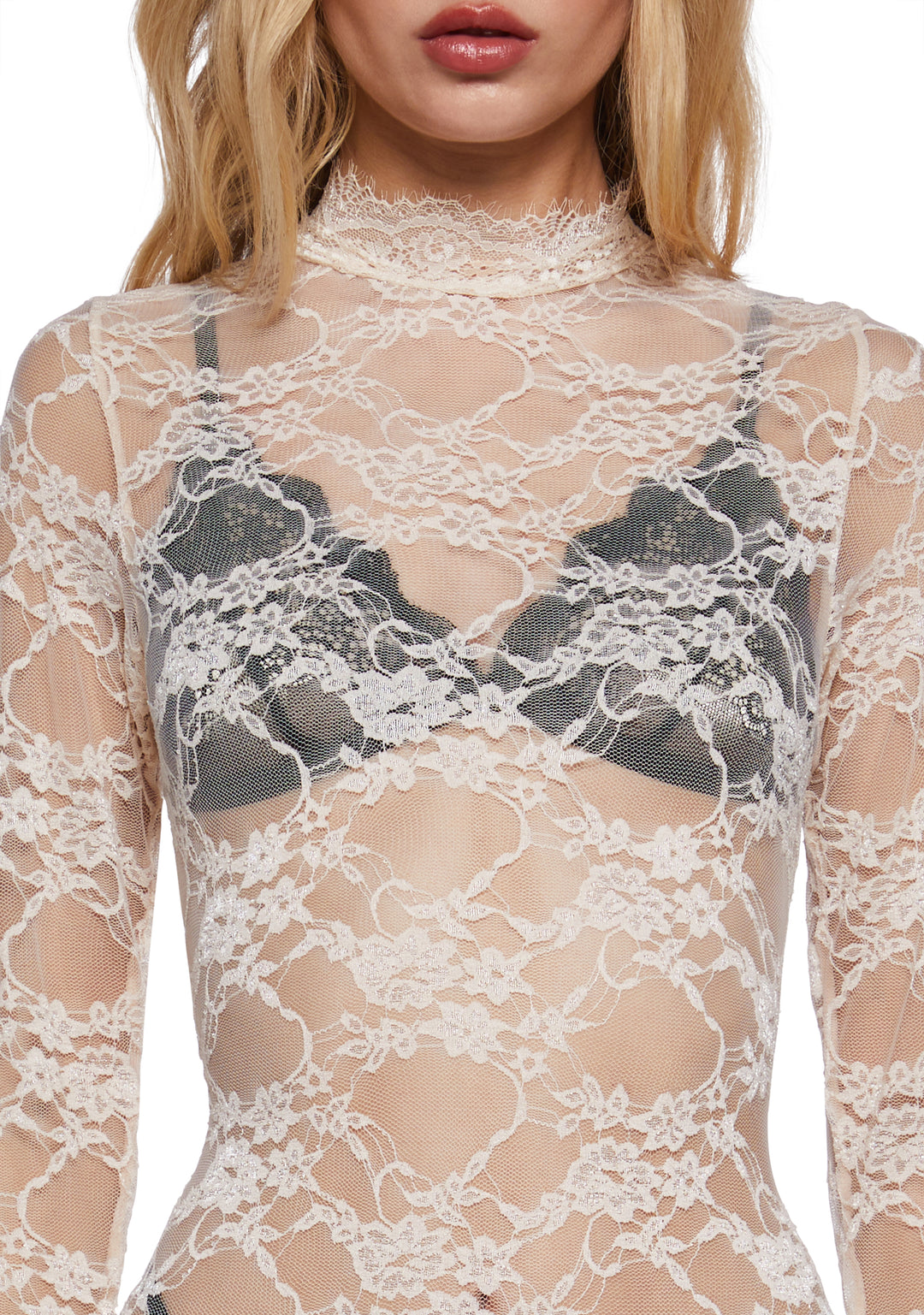 Womens Sheer Lace Mini Bodycon Dress Current Mood - Off White - Image 5