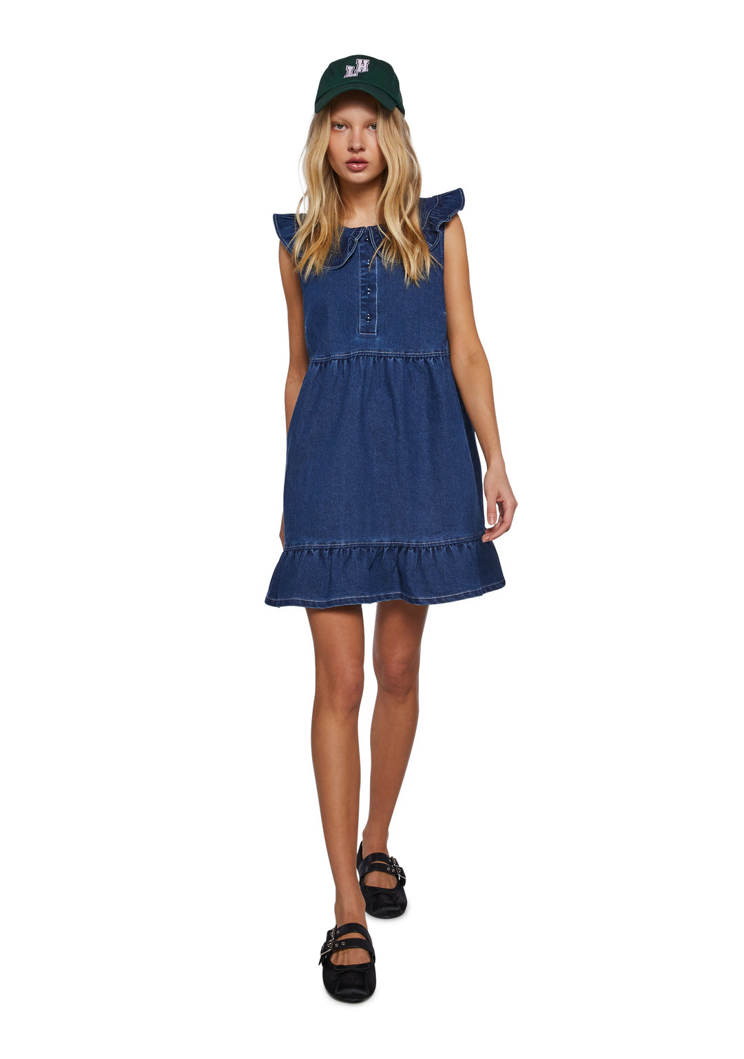 Womens Denim Chambray Collared Babydoll Mini Dress Delias- Blue - Image 2