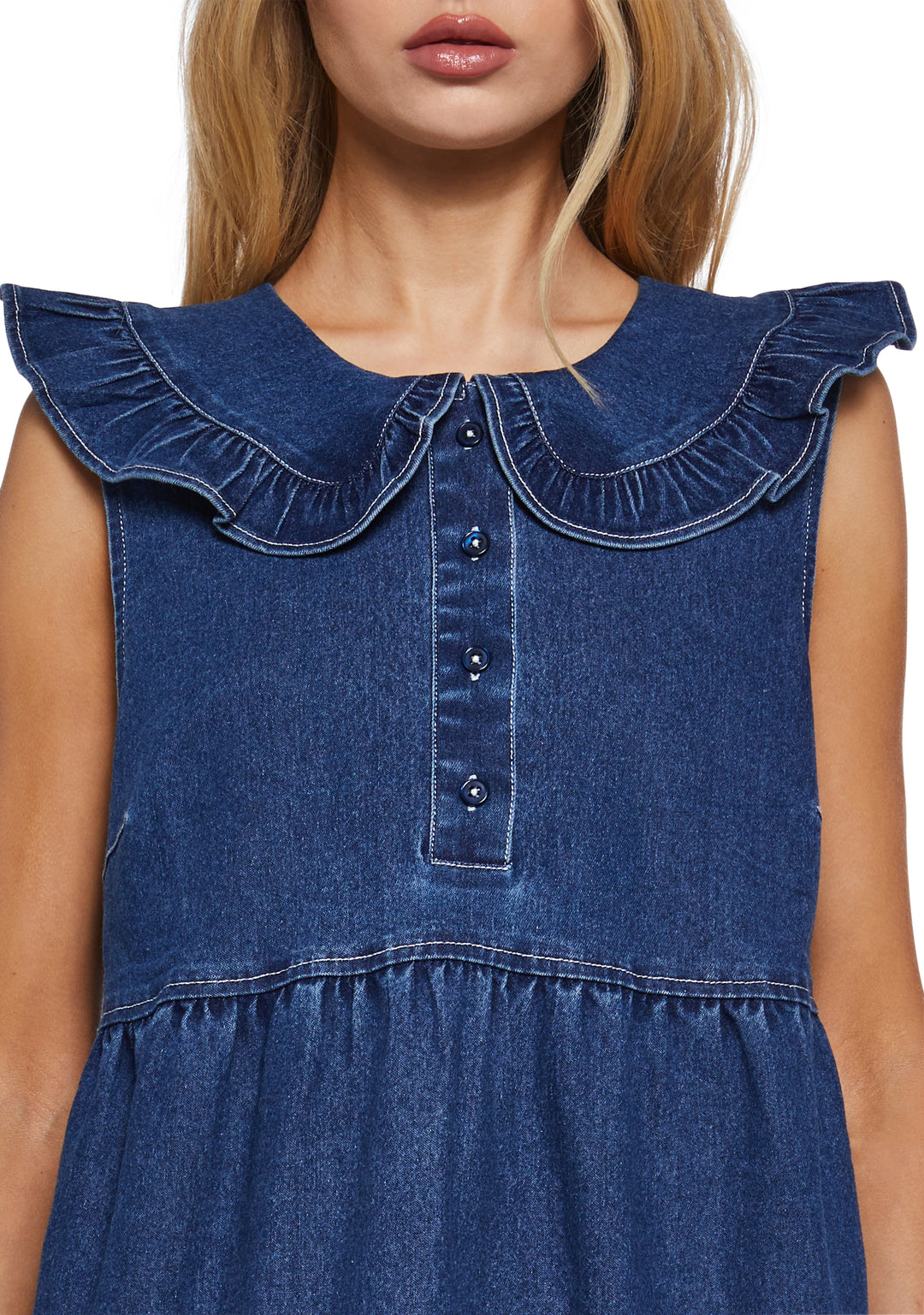 Womens Denim Chambray Collared Babydoll Mini Dress Delias- Blue - Image 5