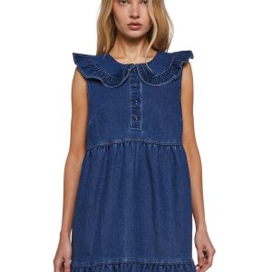 Womens Denim Chambray Collared Babydoll Mini Dress Delias- Blue