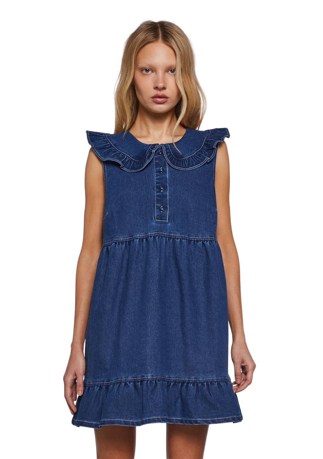 Womens Denim Chambray Collared Babydoll Mini Dress Delias- Blue
