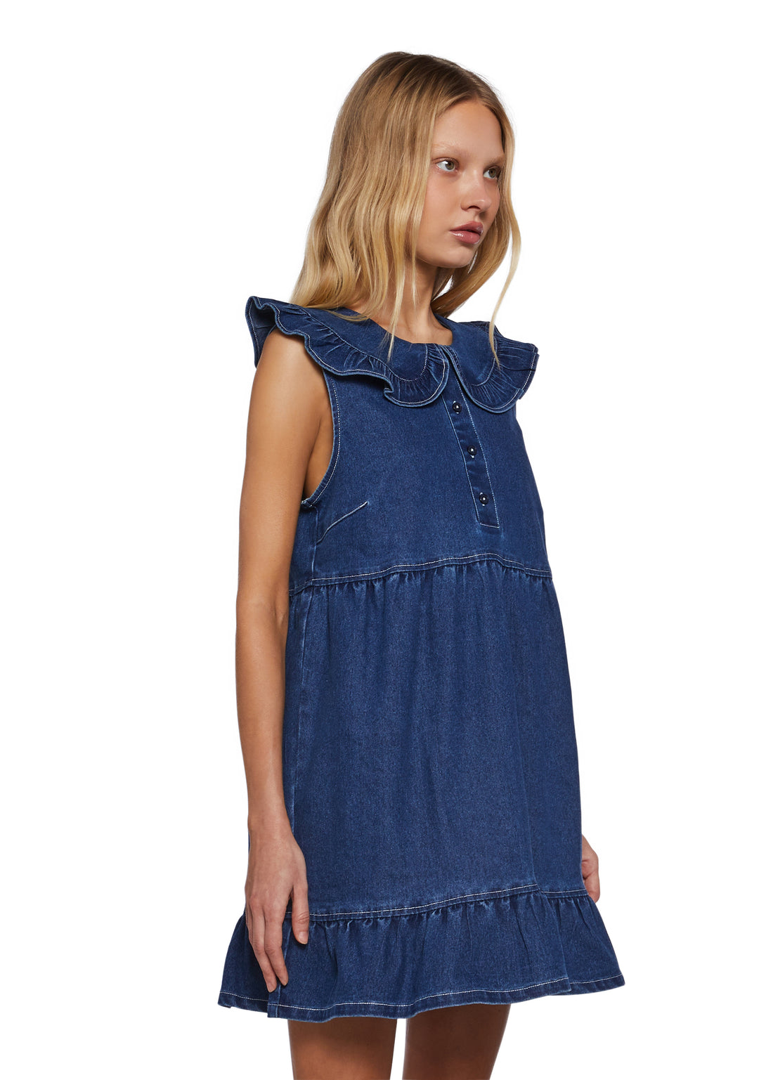 Womens Denim Chambray Collared Babydoll Mini Dress Delias- Blue - Image 3