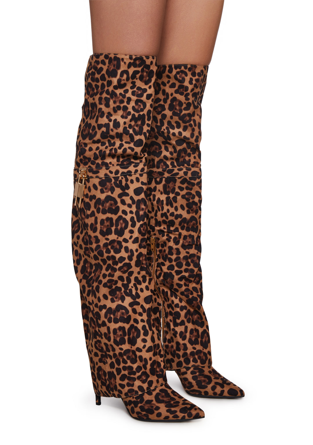 Womens Foldover Leopard Boots With Stiletto Heels - Brown - Image 3