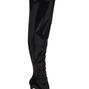 Patent Vinyl Stretch Stiletto Heeled Boots - Black