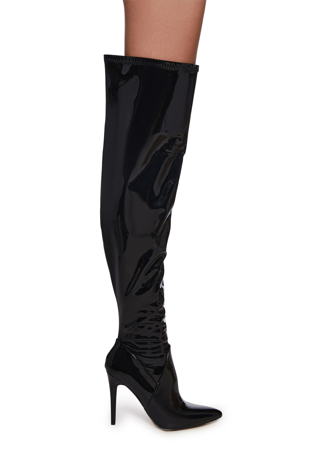 Patent Vinyl Stretch Stiletto Heeled Boots - Black