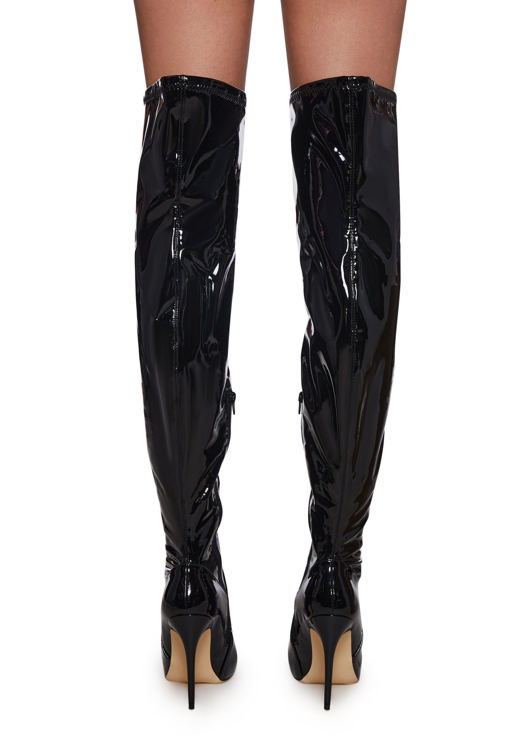 Patent Vinyl Stretch Stiletto Heeled Boots - Black - Image 4