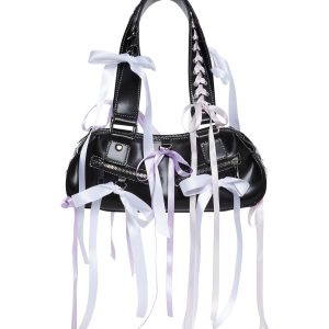 Womens Ribbon Bow Shoulder Bag Baguette - Black