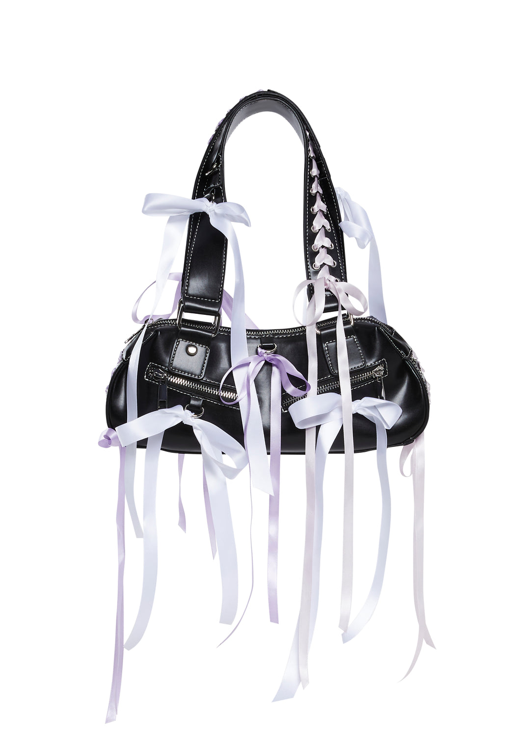 Womens Ribbon Bow Shoulder Bag Baguette - Black