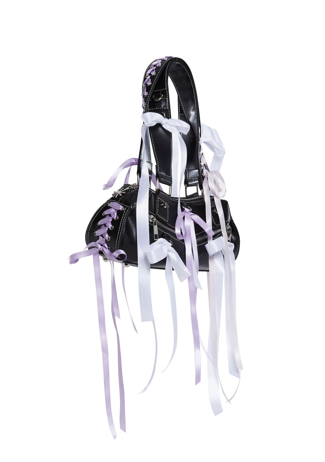 Womens Ribbon Bow Shoulder Bag Baguette - Black - Image 3