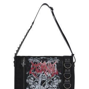 Goth Printed Canvas Shoulder Bag With Graphics And Bullets Widow - Black