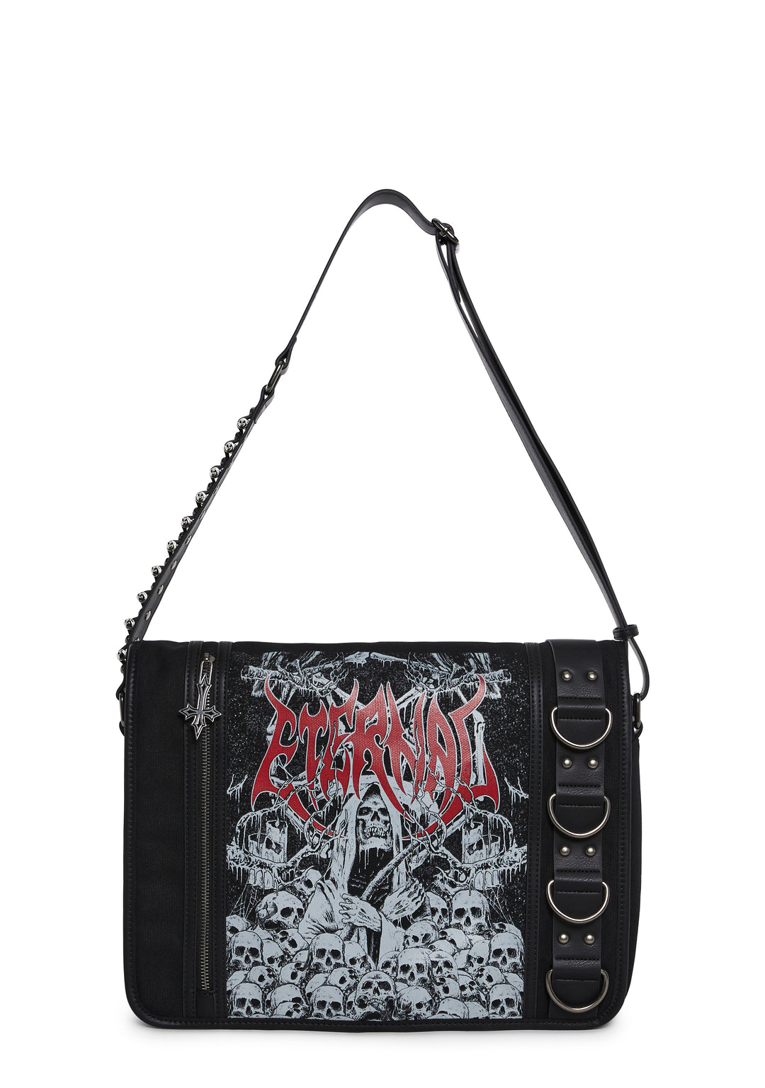 Goth Printed Canvas Shoulder Bag With Graphics And Bullets Widow - Black