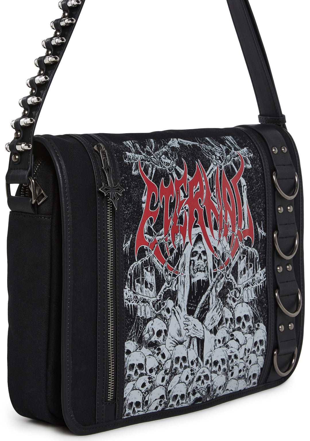 Goth Printed Canvas Shoulder Bag With Graphics And Bullets Widow - Black - Image 6