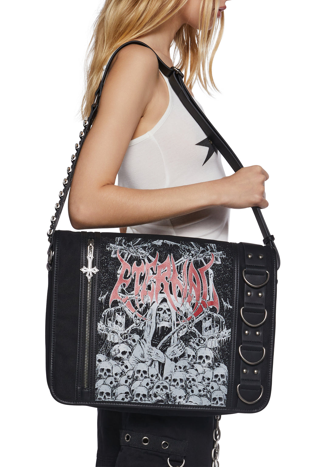 Goth Printed Canvas Shoulder Bag With Graphics And Bullets Widow - Black - Image 2