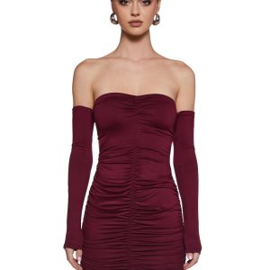 Womens Sexy Bodycon Ruched Strappy Mini Dress - Red