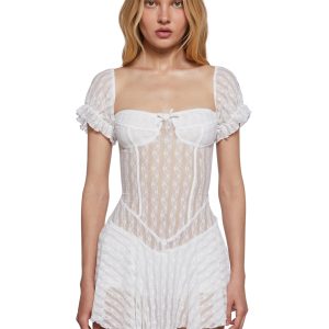 Womens Sheer Lace Mini Dress With Puffy Sleeves - White