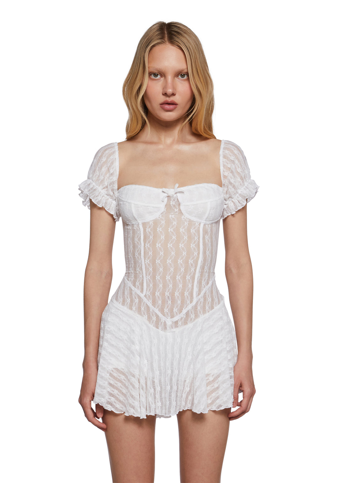 Womens Sheer Lace Mini Dress With Puffy Sleeves - White