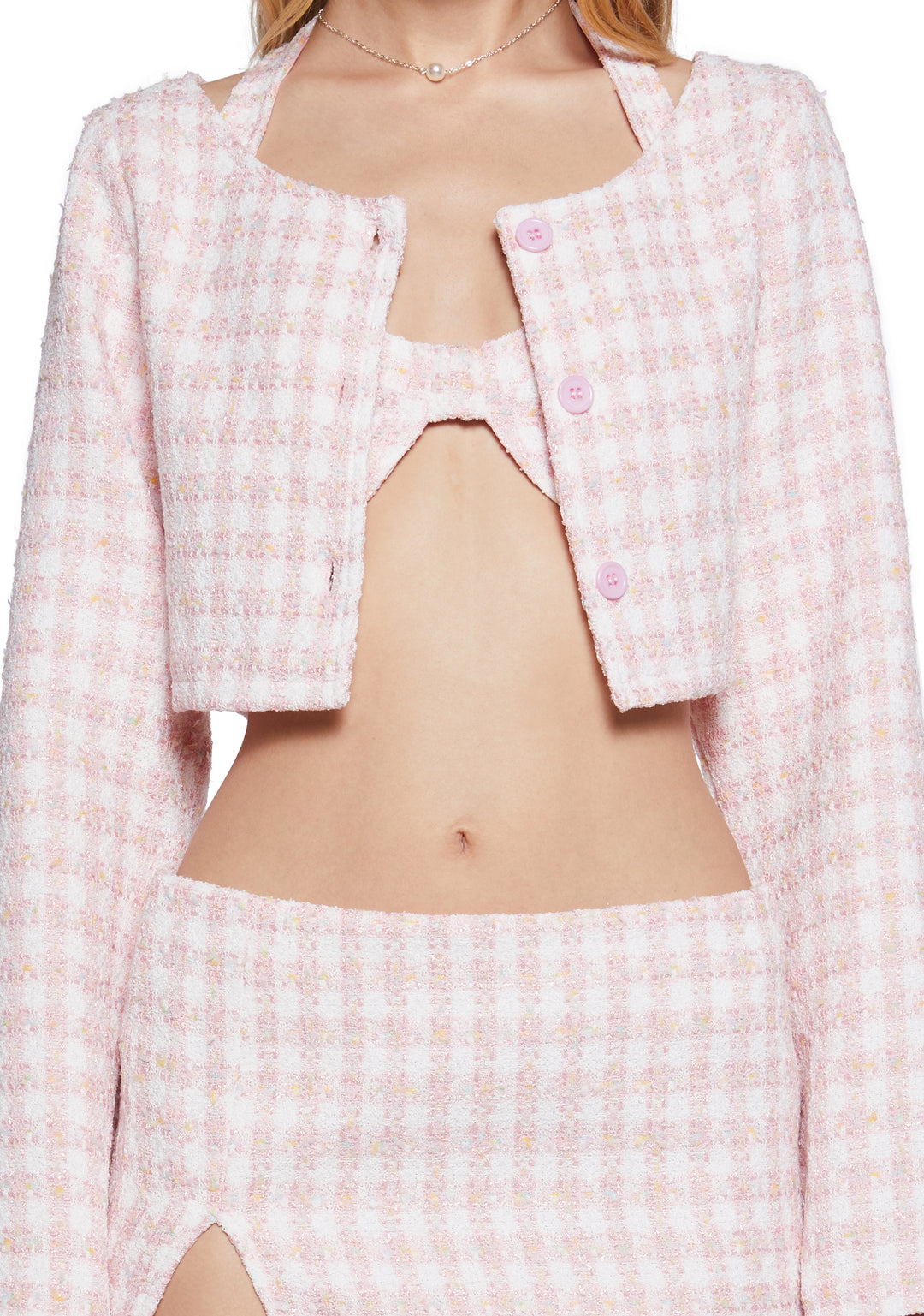 Womens Houndstooth Bra Jacket And Skirt Set - Pink - Image 6