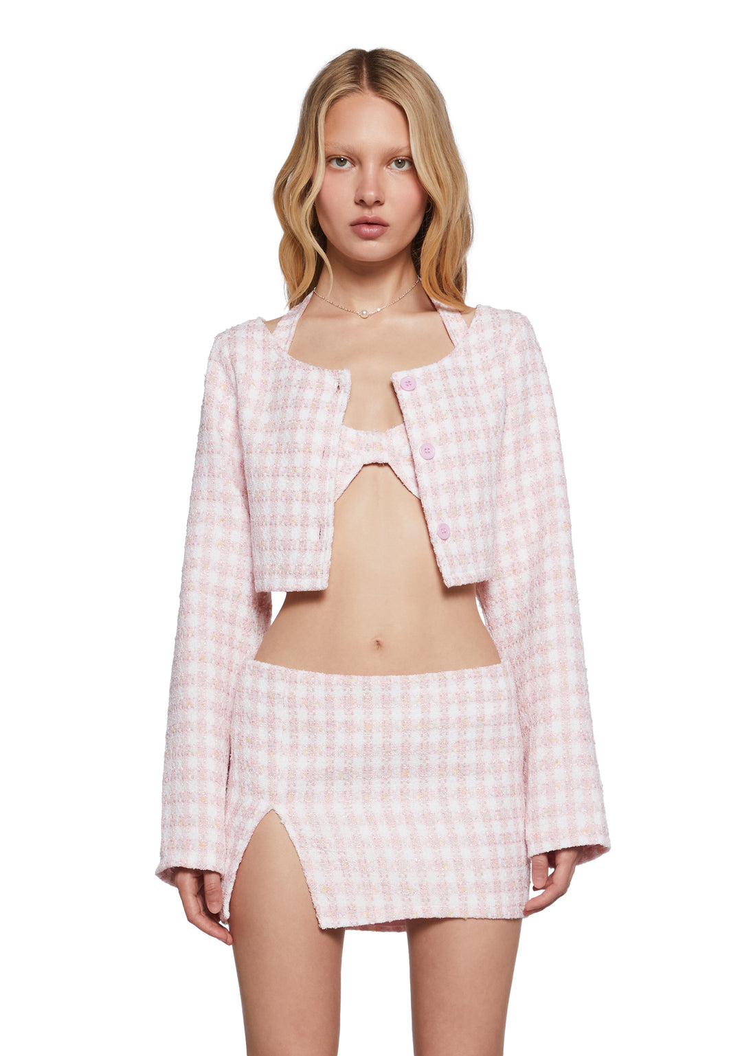 Womens Houndstooth Bra Jacket And Skirt Set - Pink - Image 5