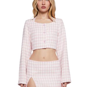 Womens Houndstooth Bra Jacket And Skirt Set - Pink