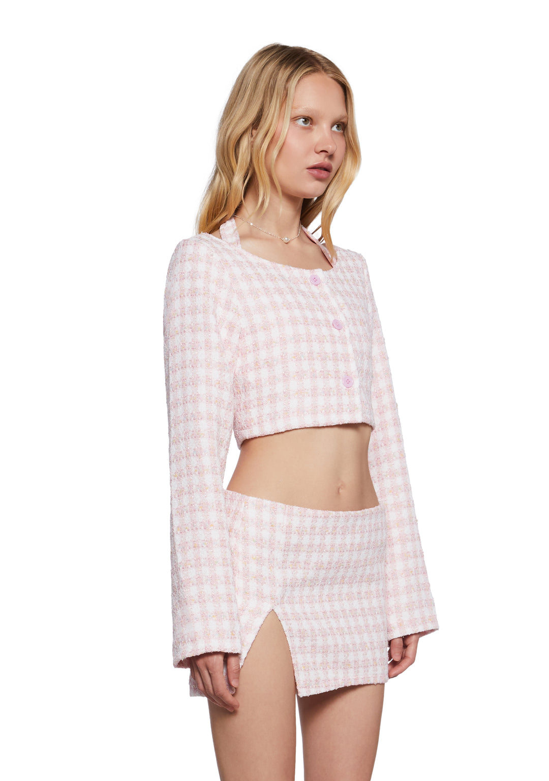 Womens Houndstooth Bra Jacket And Skirt Set - Pink - Image 3