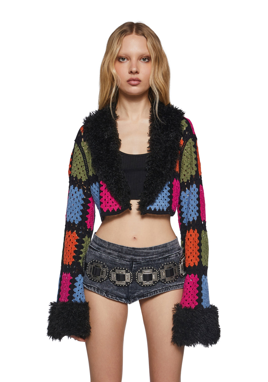 Womens Crochet Patchwork Cropped Jacket Club Exx - Multi