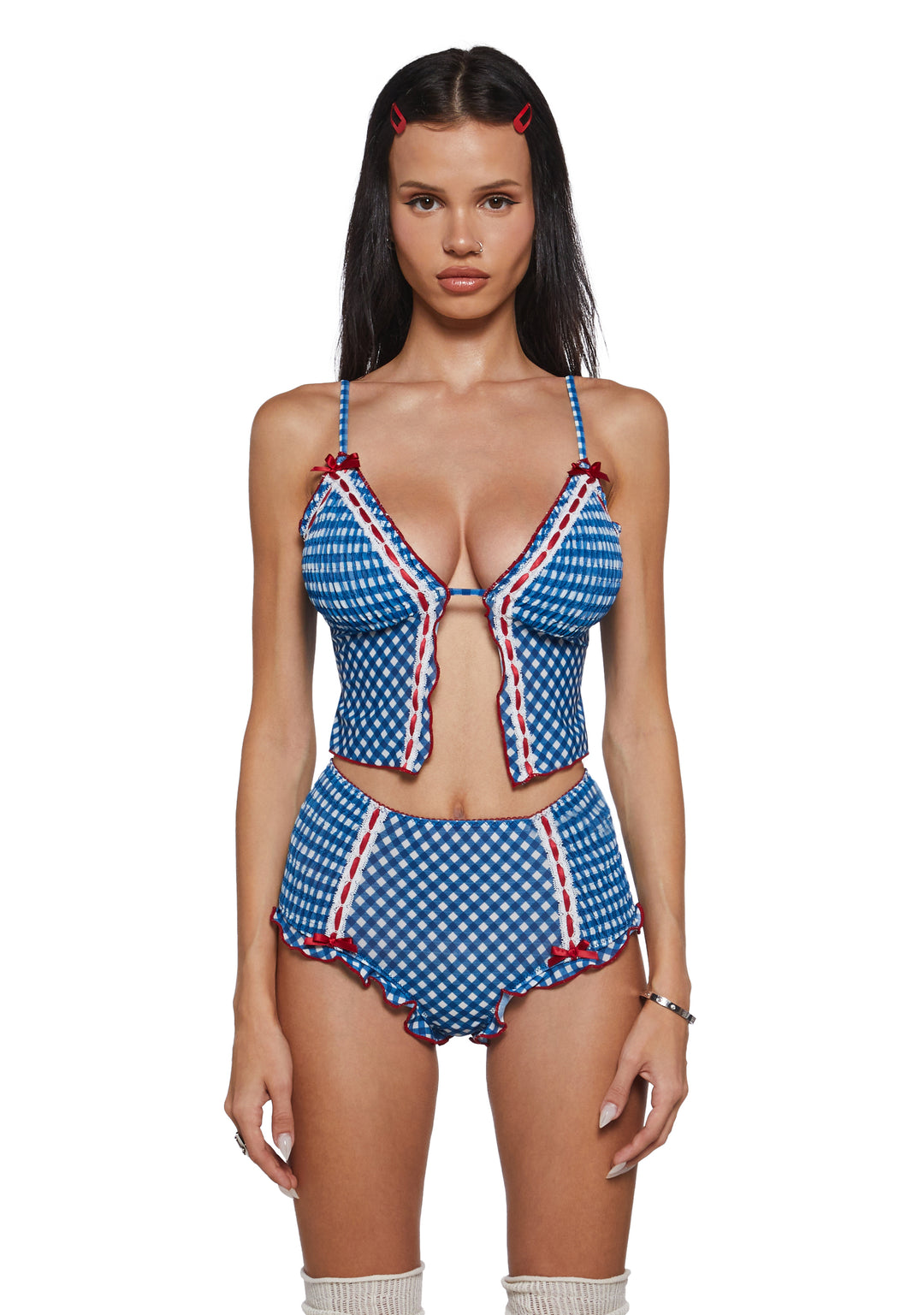Womens Gingham Tank Top And Shorts Lingerie Set Sugar Thrillz - Blue