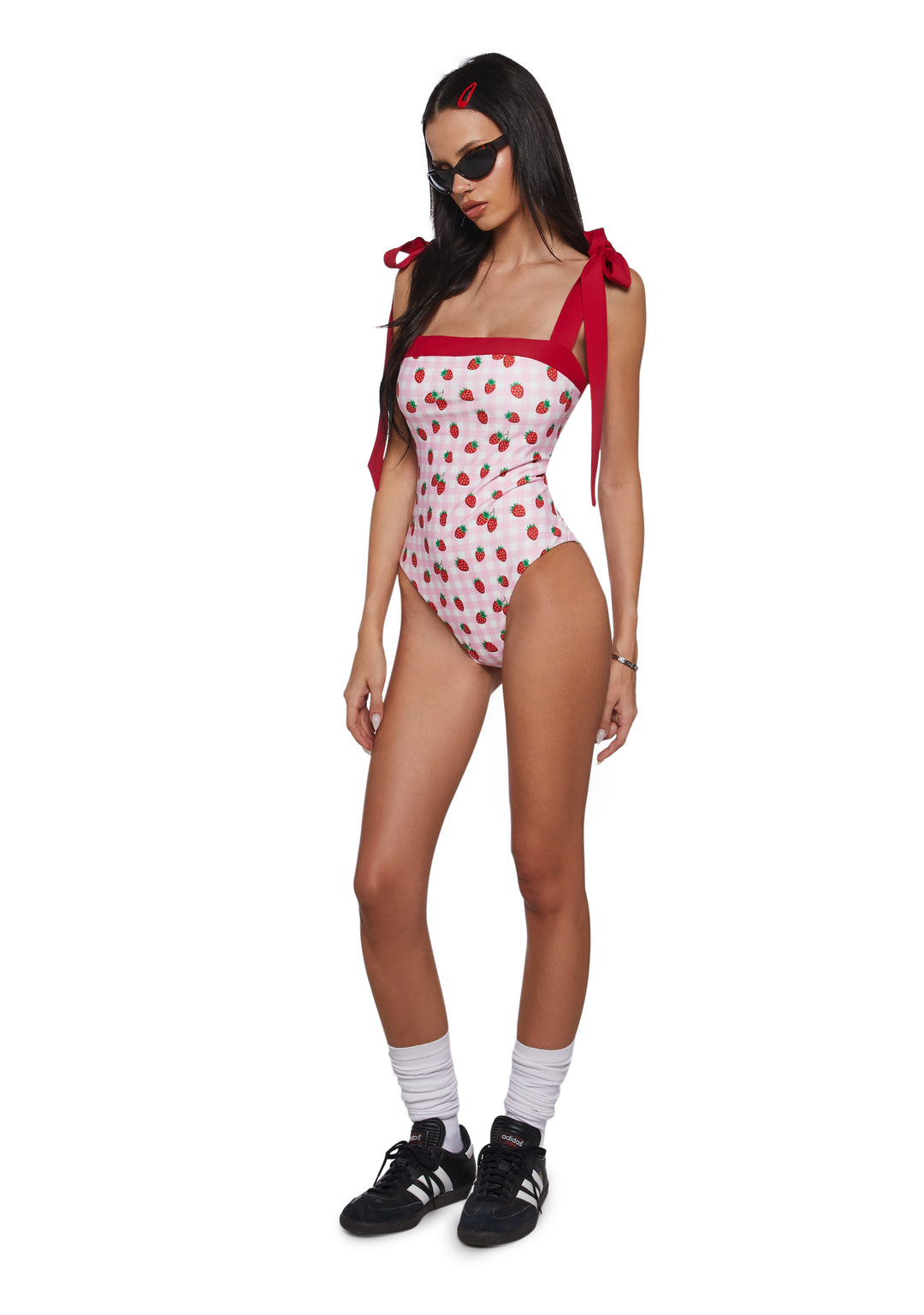 Womens Gingham Strawberry Print One Piece Swimsuit Sugar Thrillz - Pink - Image 2