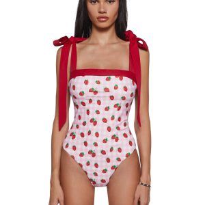 Womens Gingham Strawberry Print One Piece Swimsuit Sugar Thrillz - Pink