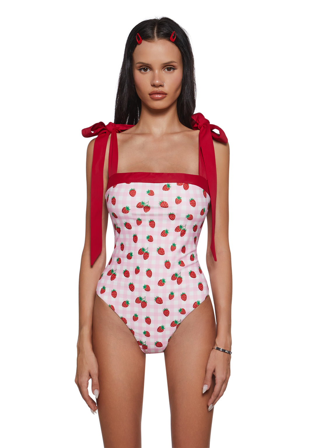 Womens Gingham Strawberry Print One Piece Swimsuit Sugar Thrillz - Pink