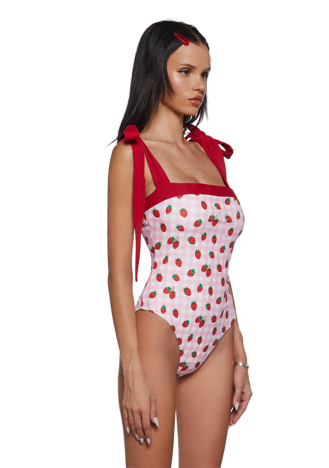 Womens Gingham Strawberry Print One Piece Swimsuit Sugar Thrillz - Pink - Image 3