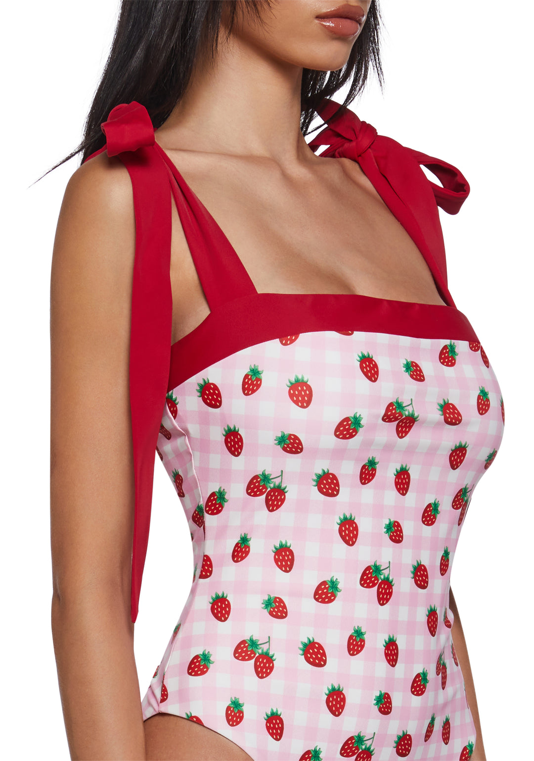 Womens Gingham Strawberry Print One Piece Swimsuit Sugar Thrillz - Pink - Image 5