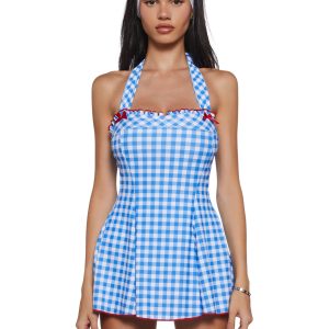 Womens Retro One Piece Swim Dress Swimsuit Sugar Thrillz - Blue