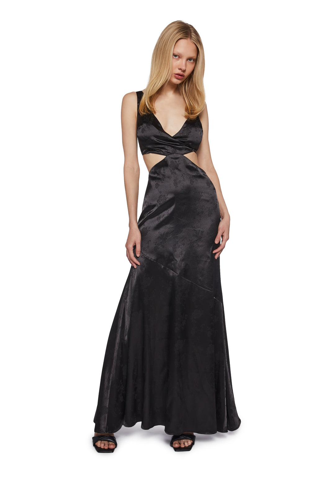 Womens Prom Special Occasion Satin Floral Cut Out Maxi Dress Unholy - Black - Image 5