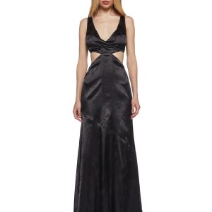 Womens Prom Special Occasion Satin Floral Cut Out Maxi Dress Unholy - Black