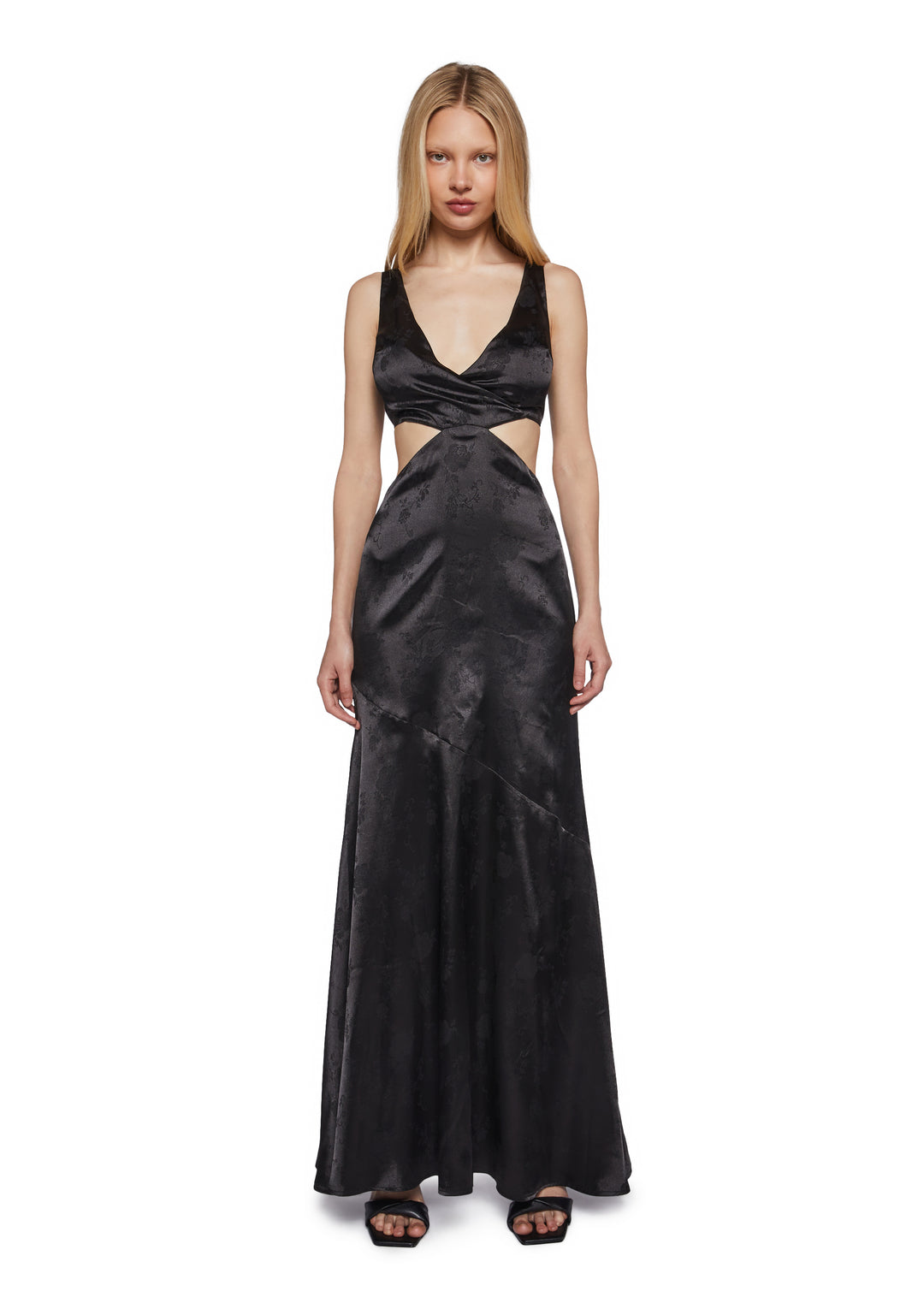 Womens Prom Special Occasion Satin Floral Cut Out Maxi Dress Unholy - Black
